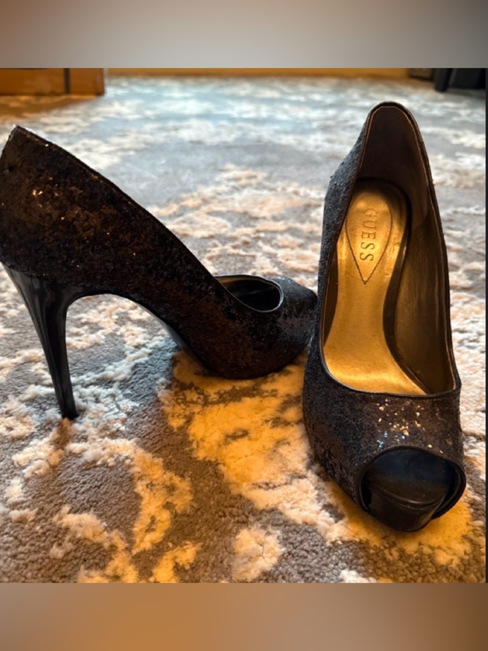 GUESS Black Sequin Peep-Toe Stiletto Pumps